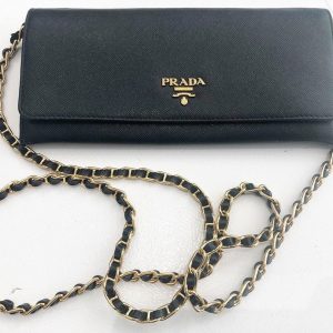 Prada Saffiano wallet on chain with gold hardware