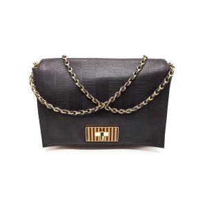 Fendi Claudia Black Leather Pequin Shoulder Bag