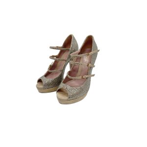 Gucci Lisbeth Silver & Beige Crystal Embellished Mary Jane Pump Heels  Size:37 Heel height: 13.5cm (H)