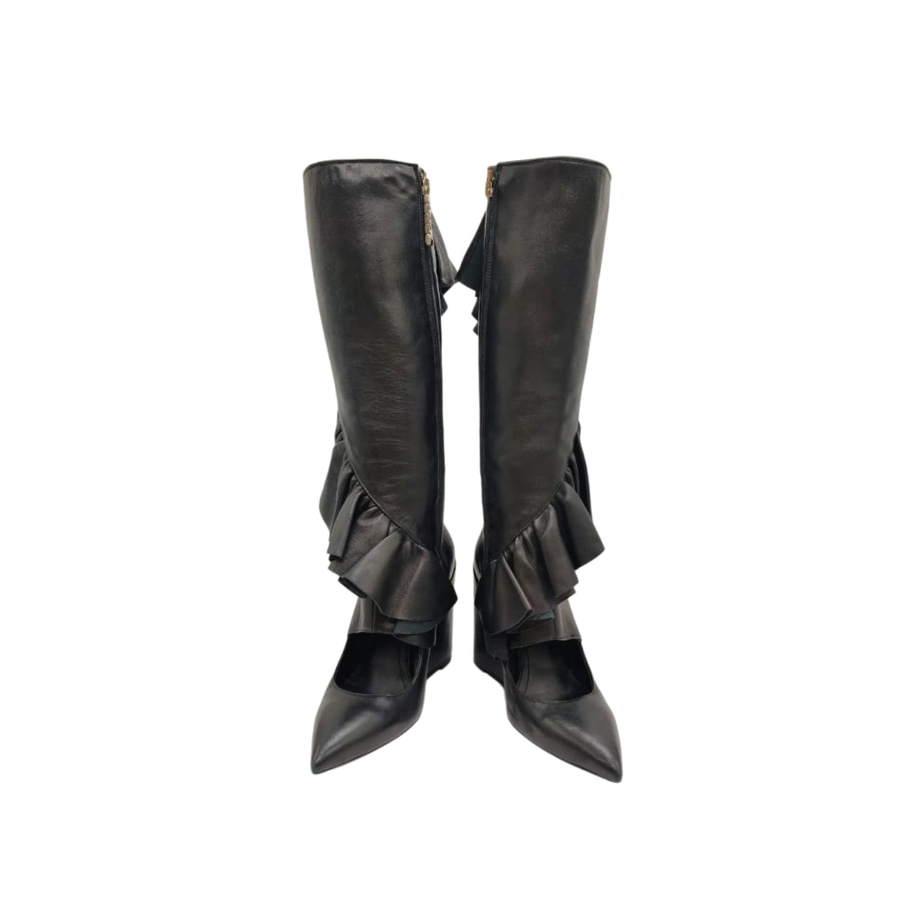 J.W. Anderson Black Leather Ruffle Knee length Wedge Boots Size 37 - Image 9