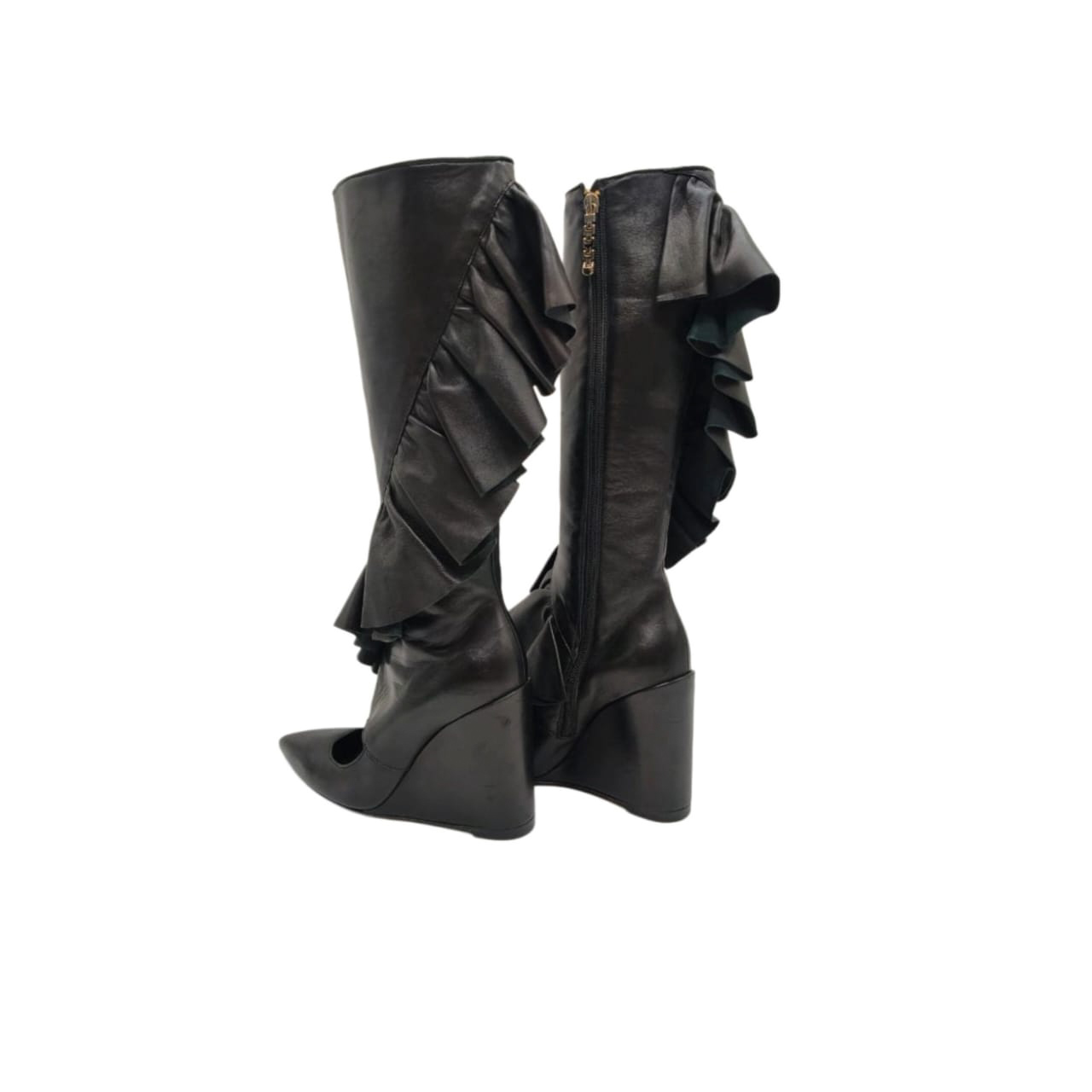 J.W. Anderson Black Leather Ruffle Knee length Wedge Boots Size 37 - Image 6