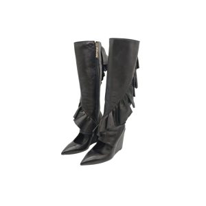 J.W. Anderson Black Leather Ruffle Knee length Wedge Boots  Size 37