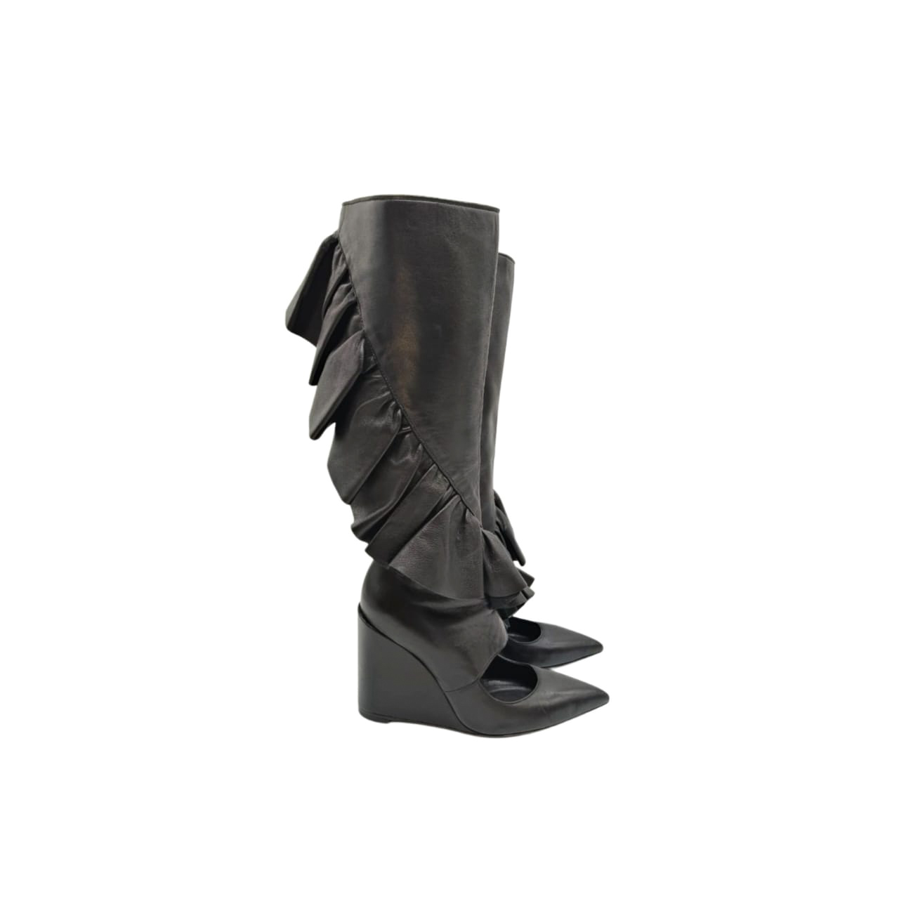 J.W. Anderson Black Leather Ruffle Knee length Wedge Boots Size 37 - Image 7