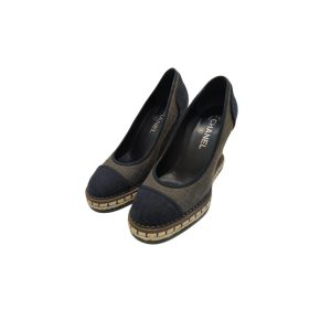 Chanel Black Canvas Espadrille Wedge Pumps  Size 38