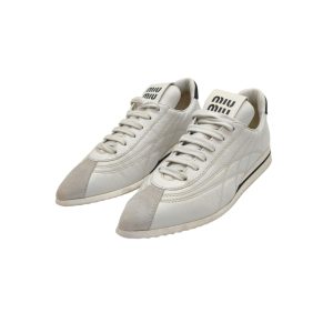 Miu Miu White Plume Nappa Leather & Suede Pointed Toe Sneakers  Size 37