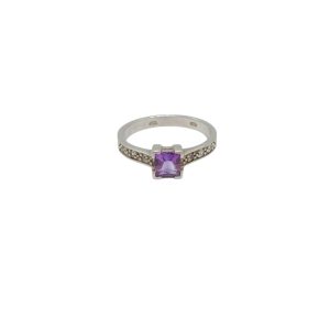 Sterling Silver Princess-Cut Amethyst and Diamond Chip Ring