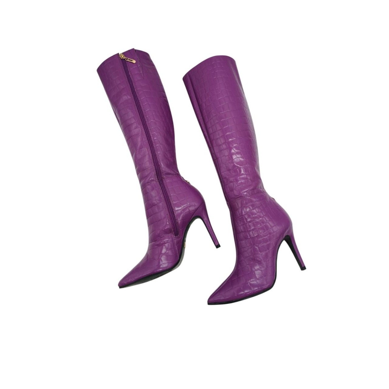 Jorge Bischoff Crocodile-Embossed Purple Leather Knee-High Boots Size 35 - Image 5