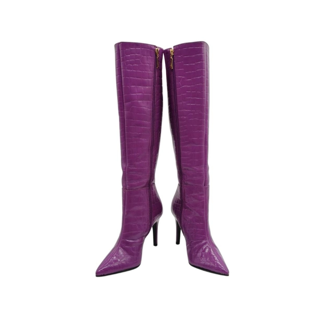 Jorge Bischoff Crocodile-Embossed Purple Leather Knee-High Boots Size 35 - Image 7