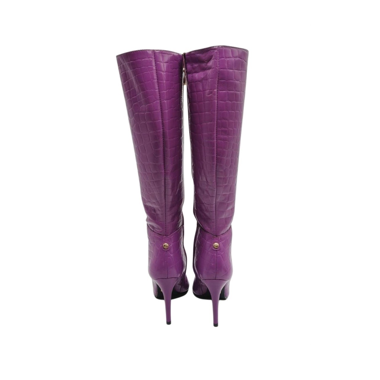 Jorge Bischoff Crocodile-Embossed Purple Leather Knee-High Boots Size 35 - Image 3
