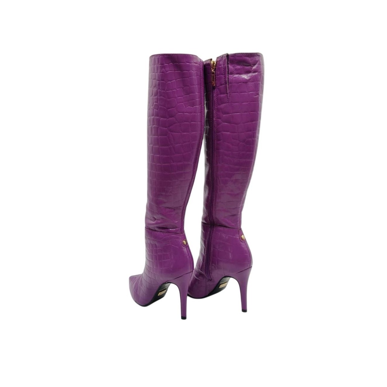 Jorge Bischoff Crocodile-Embossed Purple Leather Knee-High Boots Size 35 - Image 4